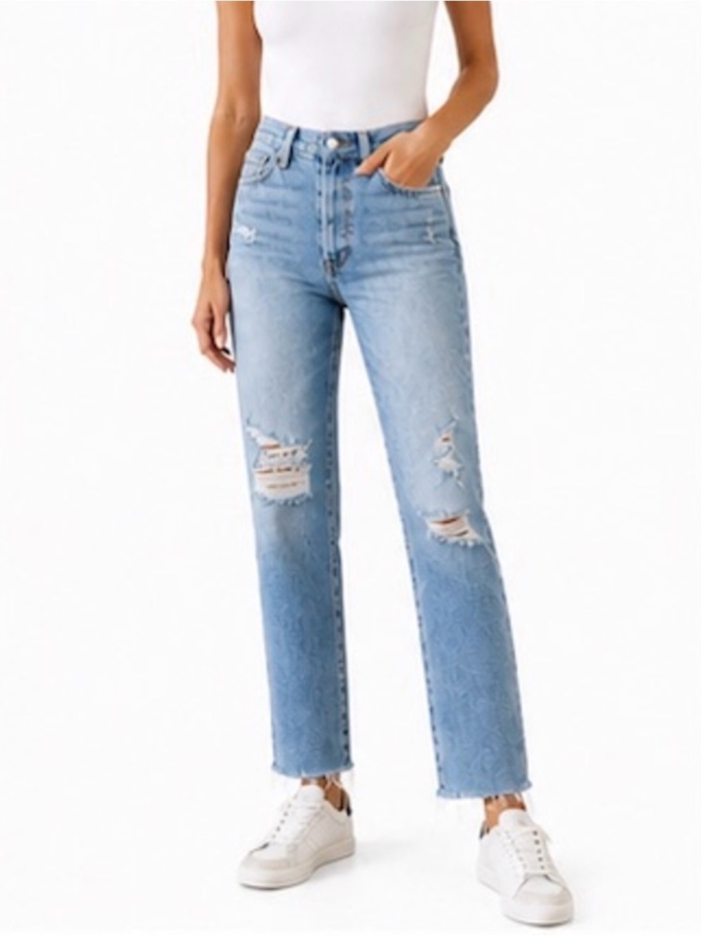 FRAME Le Sylvie Slender Straight Jeans Distressed Overdrive Raw Hem High Rise 32